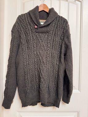 Aran Shawl Neck Merino Wool Cable knit Sweater in Army Green (Heathered). XXL